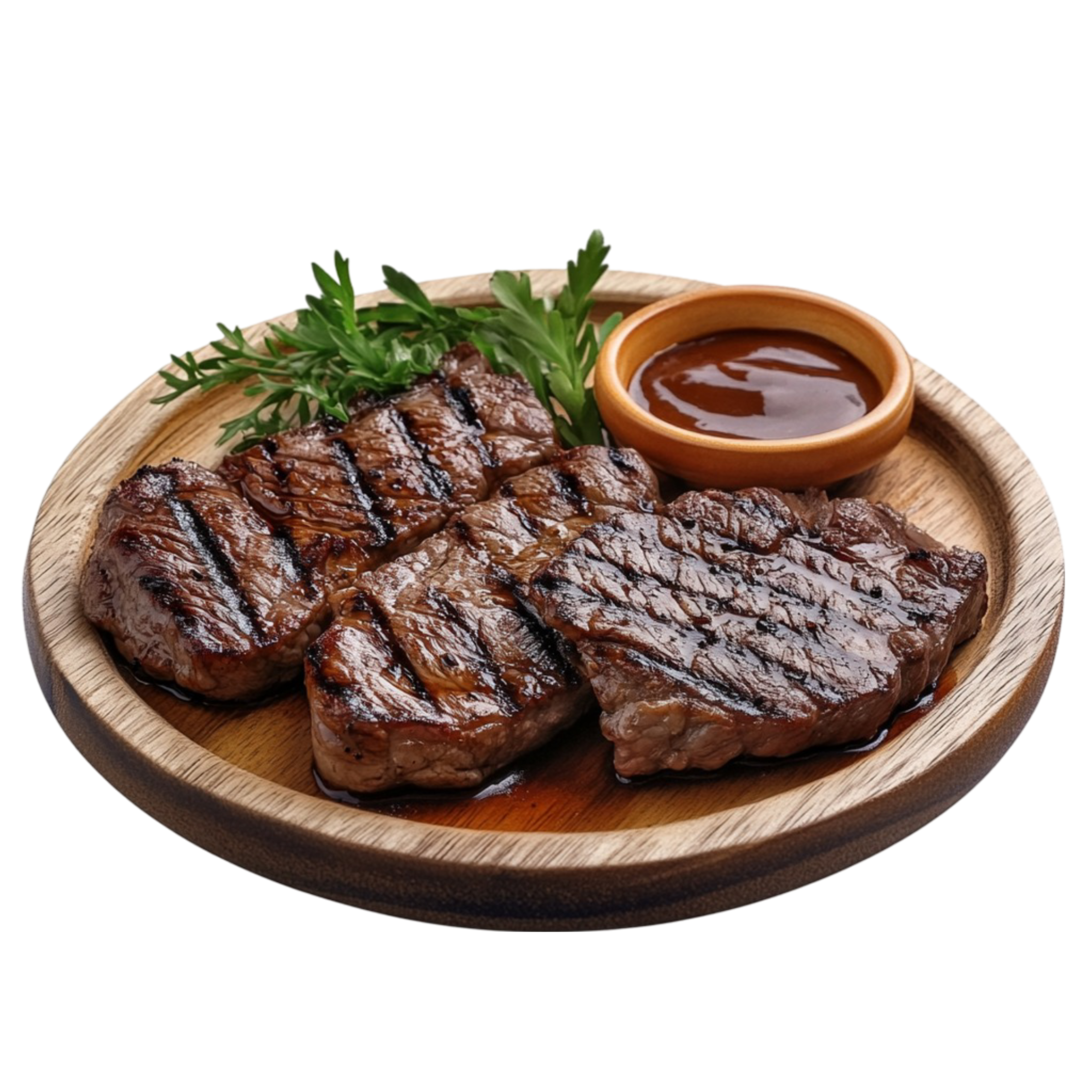 vecteezy_plate of grilled steaks with side of sauce and garnish on_49401587